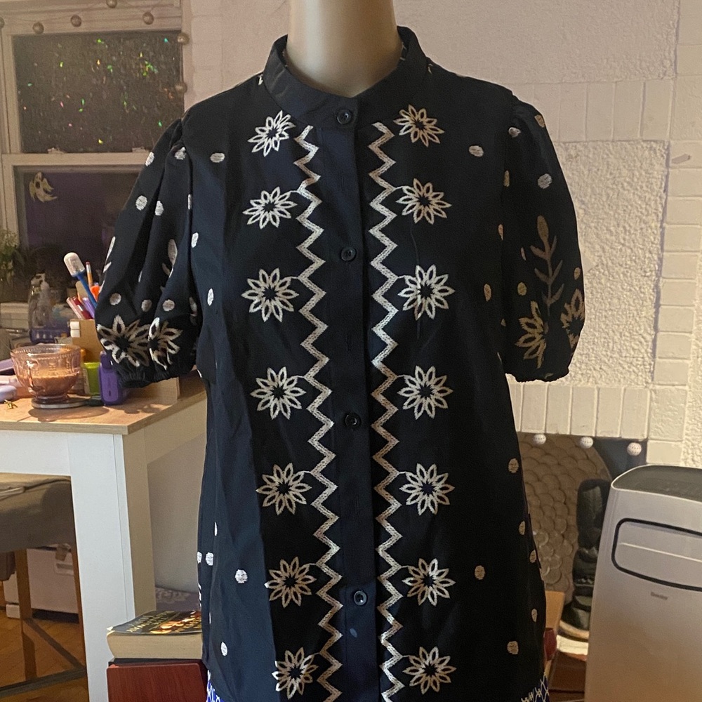 SHEIN Black Blouse with White Floral Embroidery